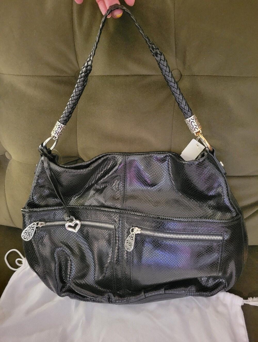 Brighton Leather Snake Vintage Hobo Bag With Multiple Pockets Silver Hardware